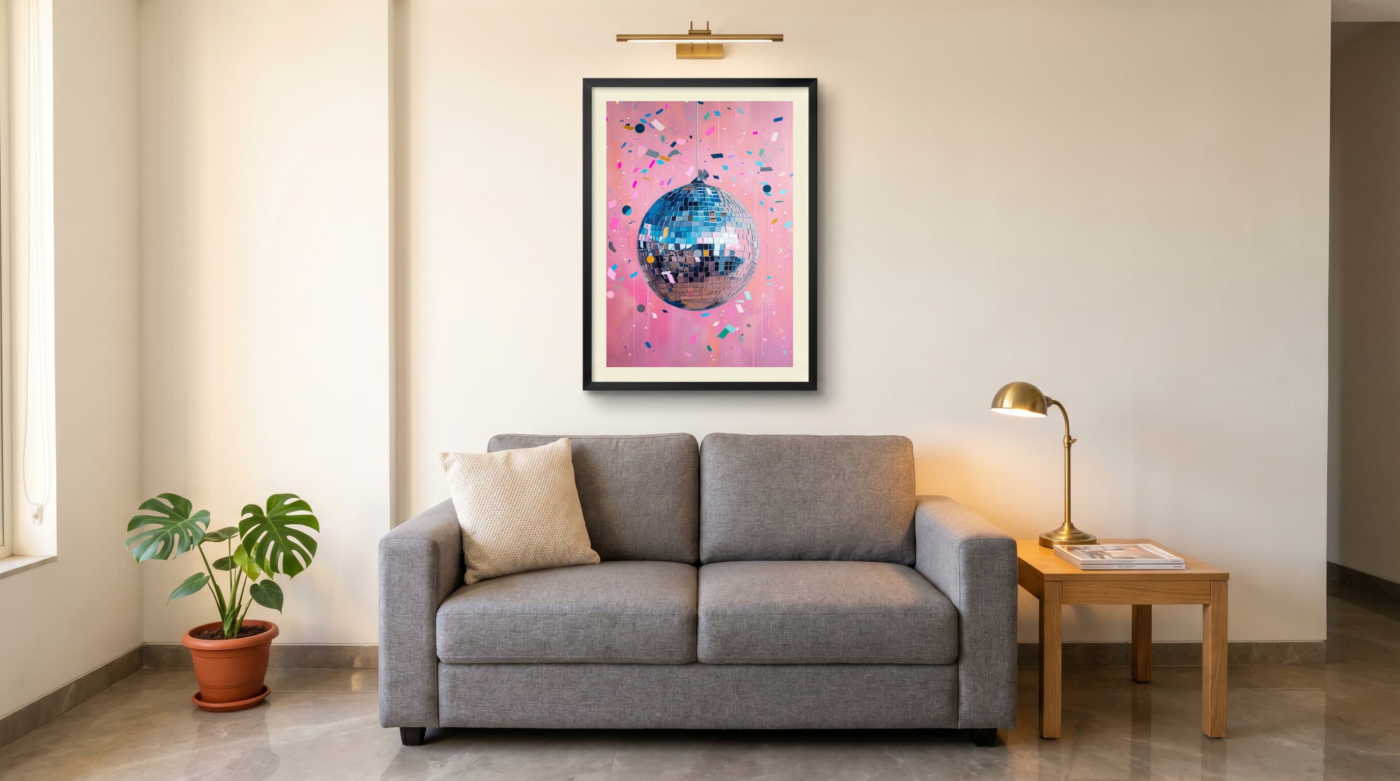 Silver Disco Ball Pink Confetti Background — in situ