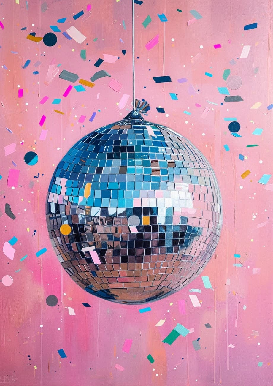 Silver Disco Ball Pink Confetti Background