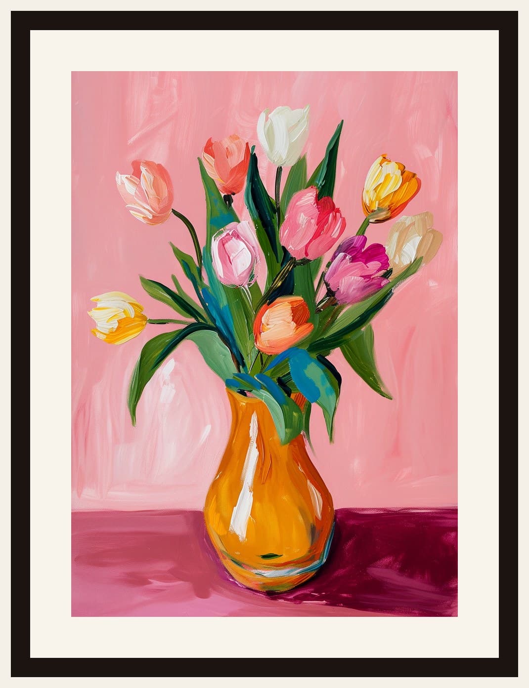 Colourful Tulips Orange Vase Pink Background