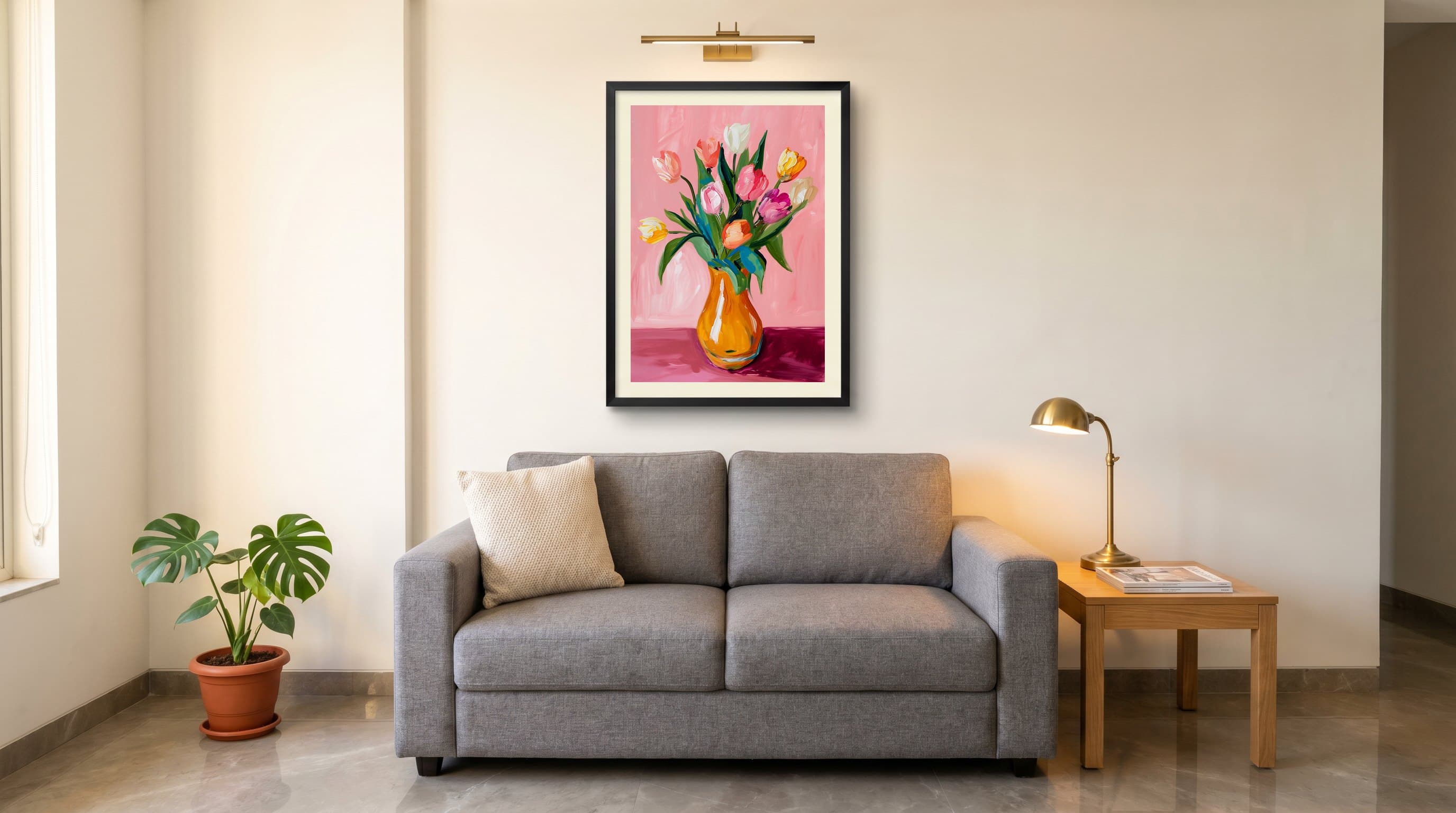 Colourful Tulips Orange Vase Pink Background — in situ
