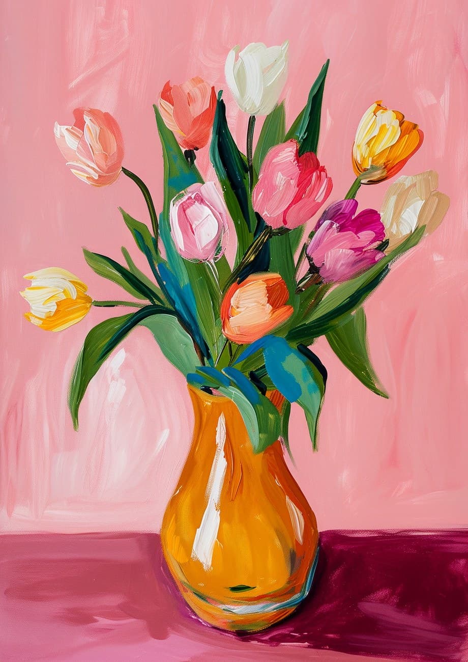 Colourful Tulips Orange Vase Pink Background