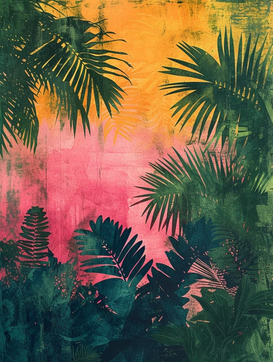 Tropical Palm Leaves Pink Orange Gradient