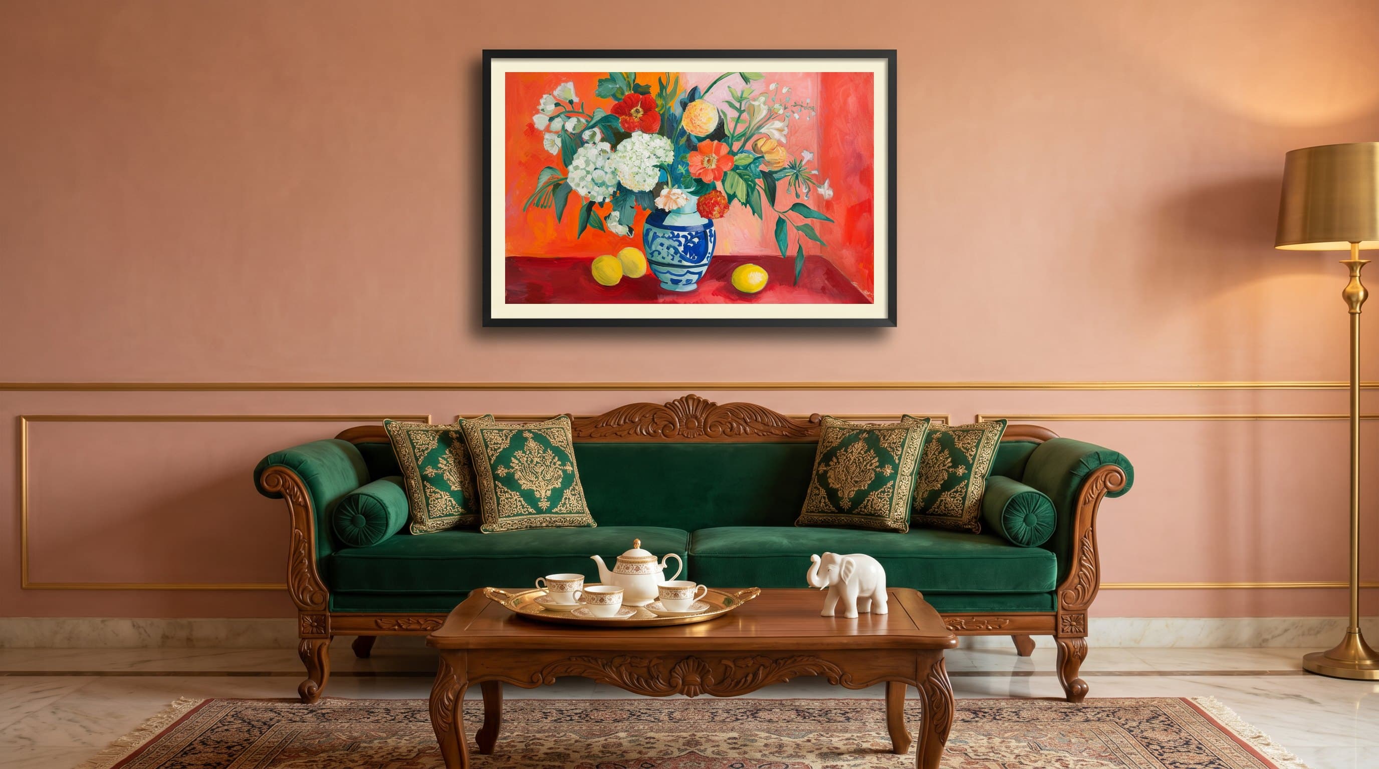 Matisse Style Floral Bouquet Blue Vase — in situ