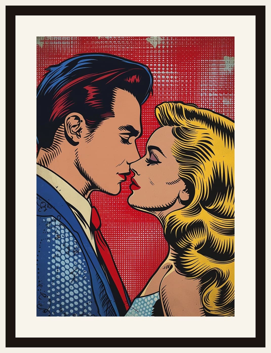 Comic Style Couple Kissing Red Halftone