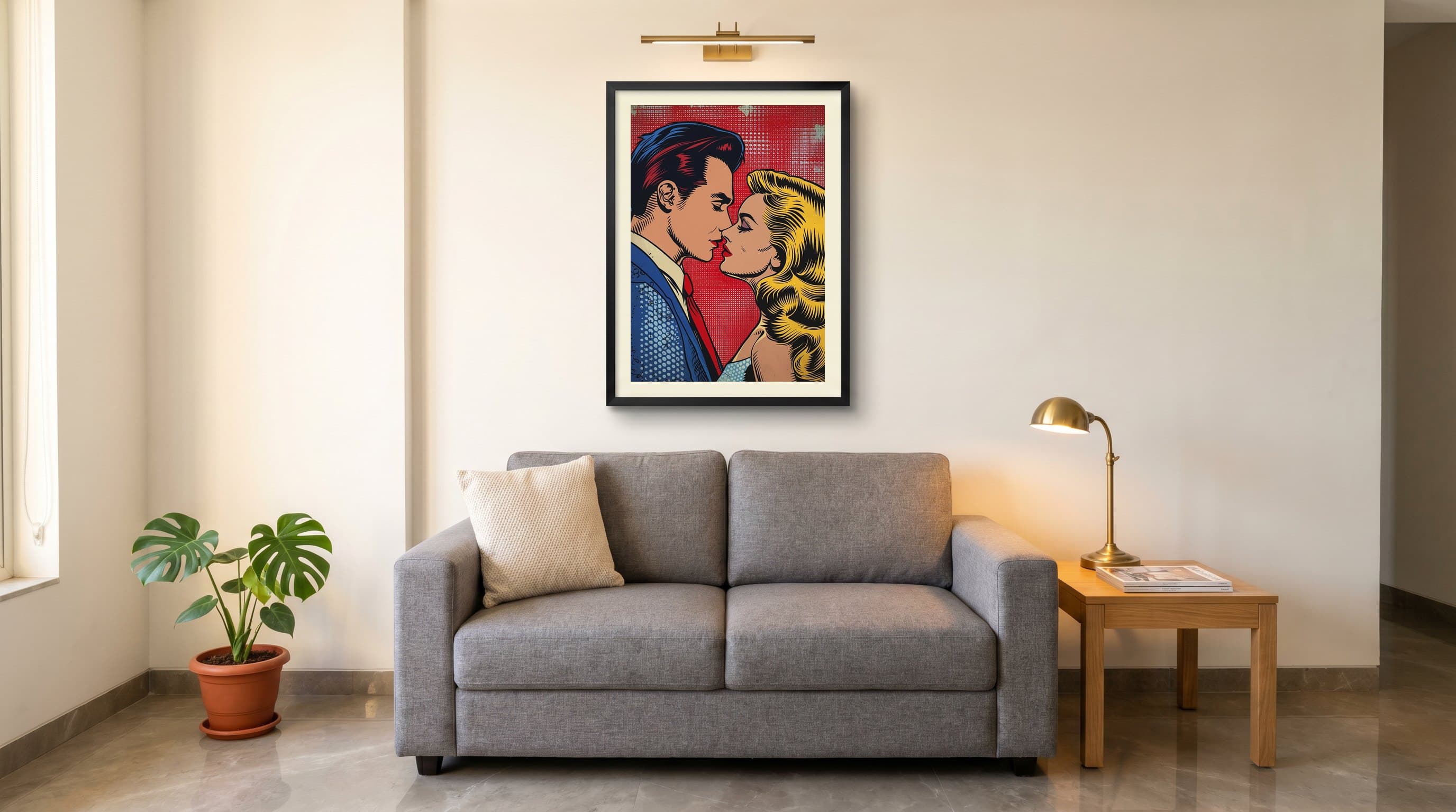 Comic Style Couple Kissing Red Halftone — in situ