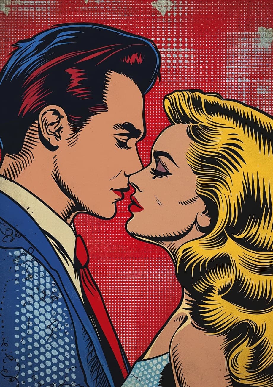 Comic Style Couple Kissing Red Halftone