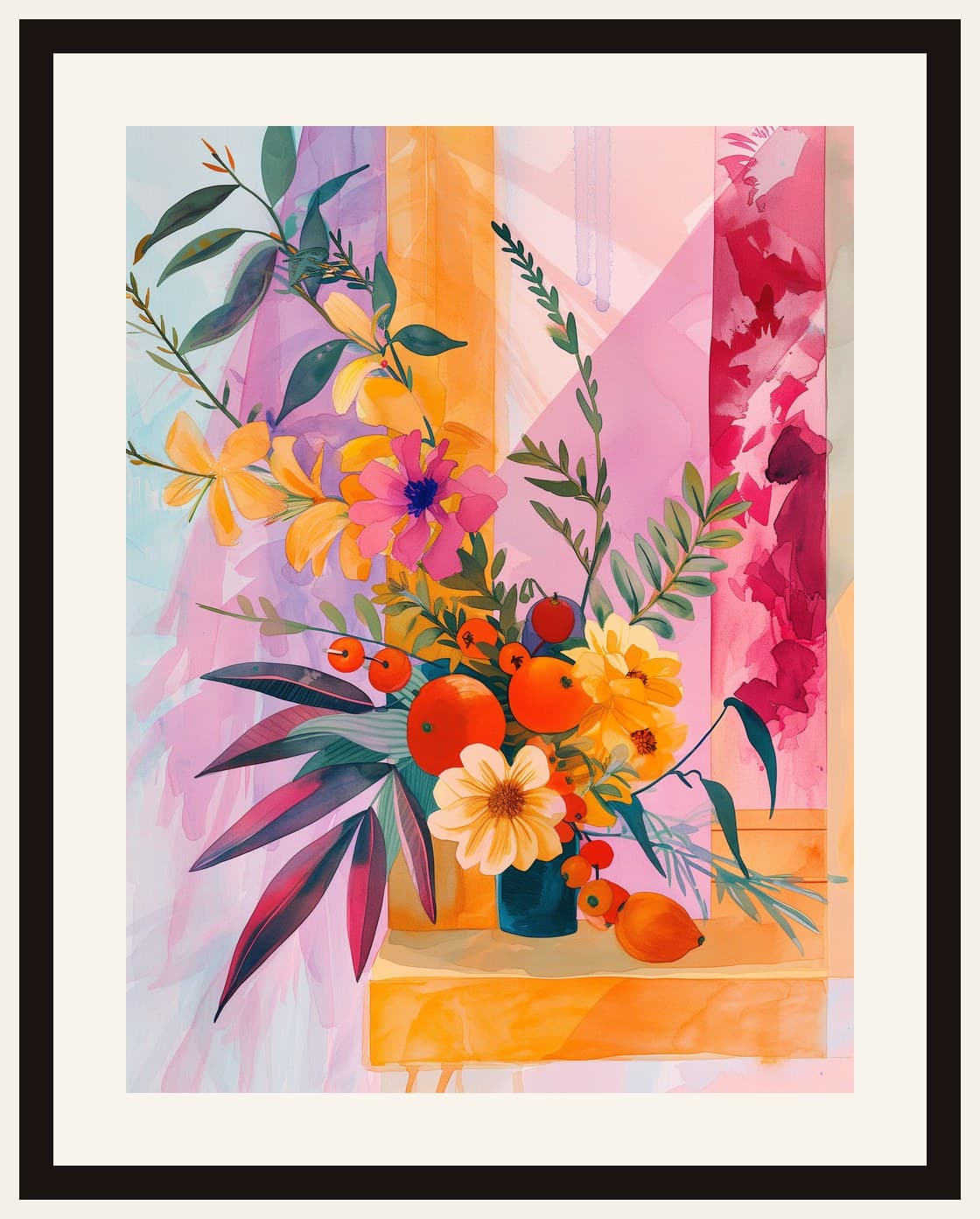 Vibrant Floral Bouquet With Fruits Watercolour