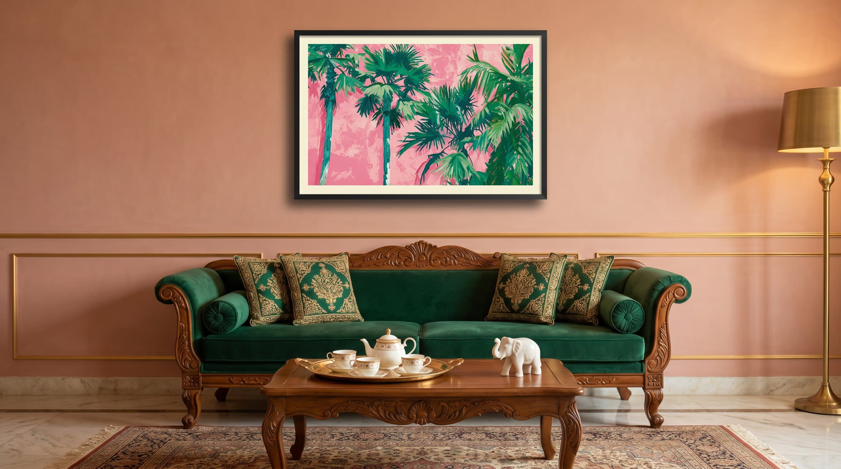 Green Palm Trees Lush Pink Background Painting — in situ