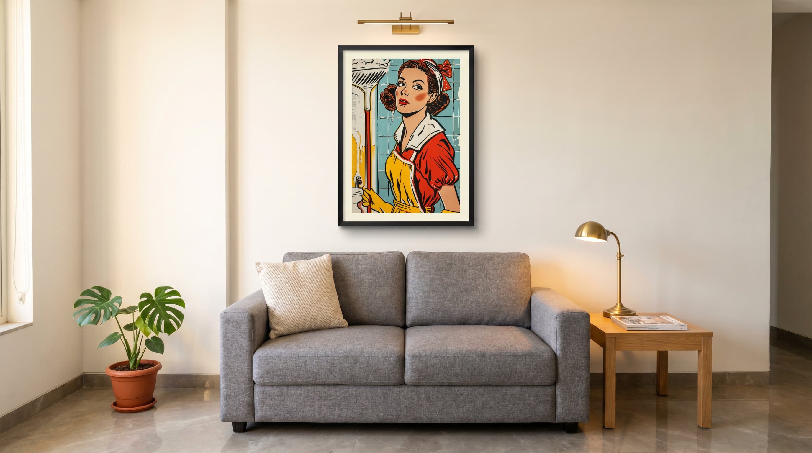 Pop Art Cleaning Lady Bathroom — in situ