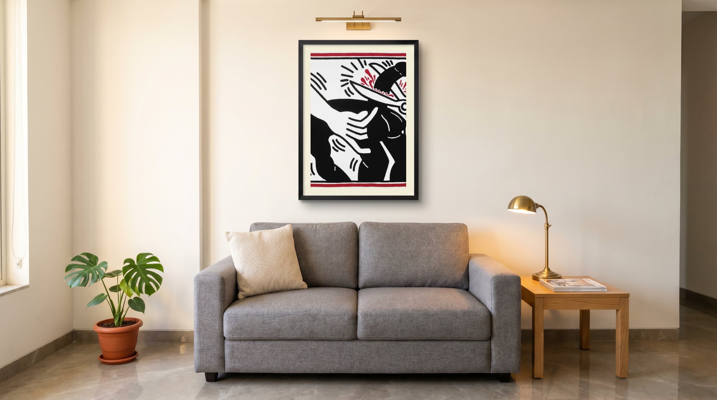 Keith Haring Black Dog Figure Red Splashes — in situ