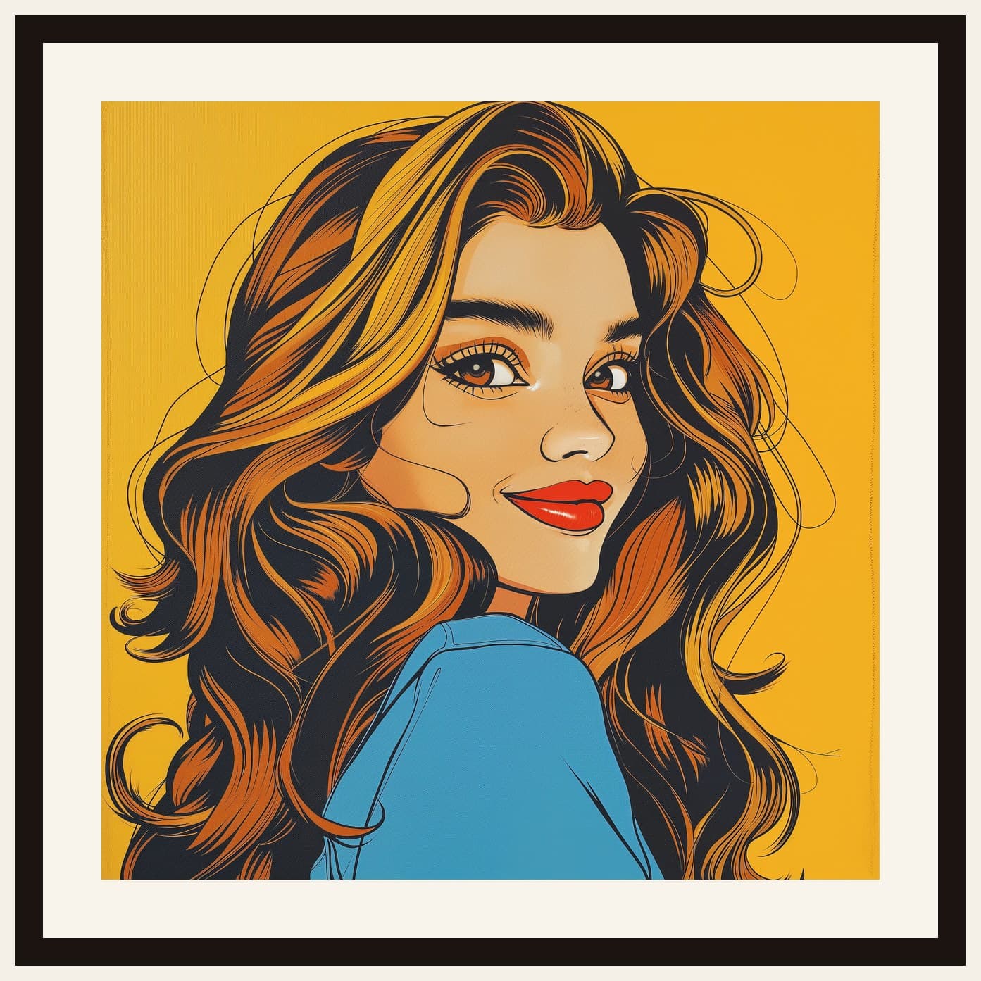Comic Style Portrait Woman Auburn Hair Yellow