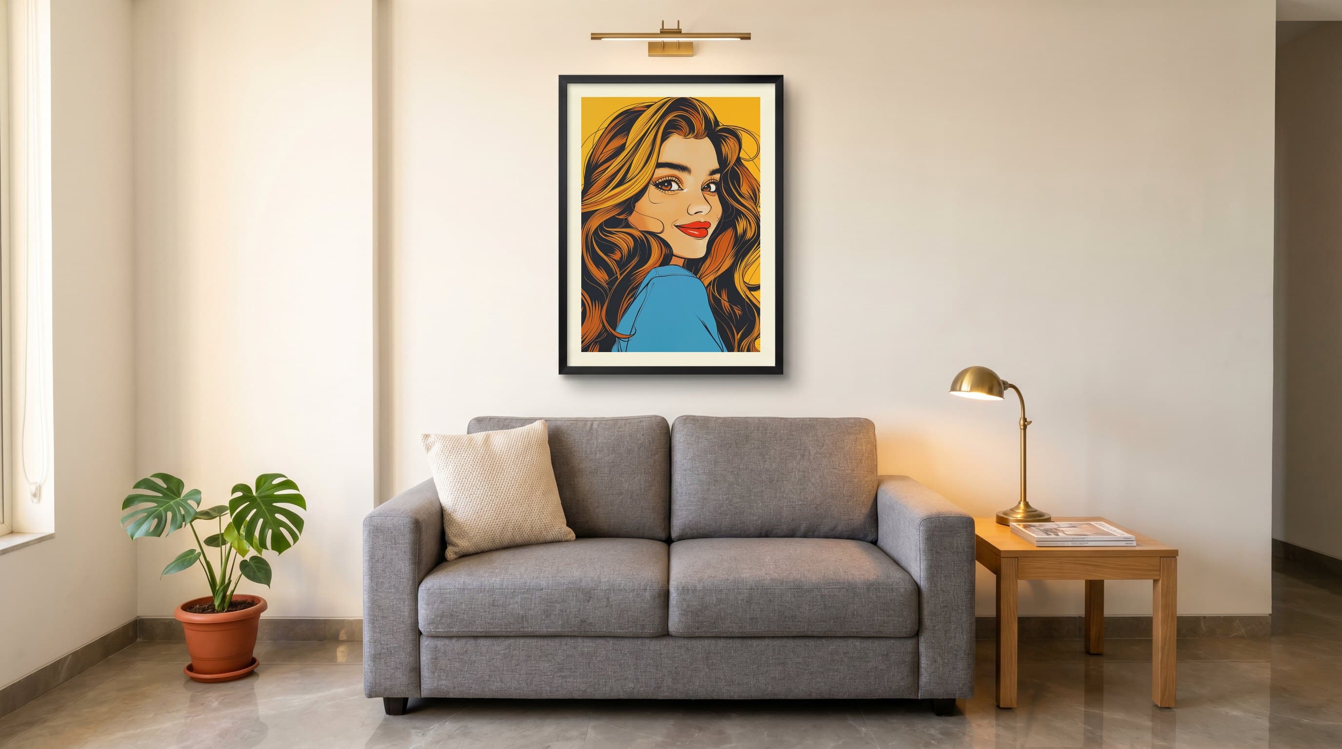 Comic Style Portrait Woman Auburn Hair Yellow — in situ